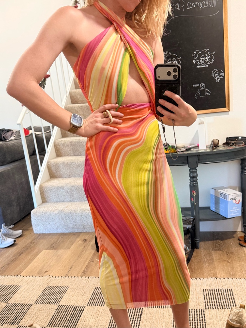 AFRM Pink, Orange & Yellow Striped Halter Midi Dress